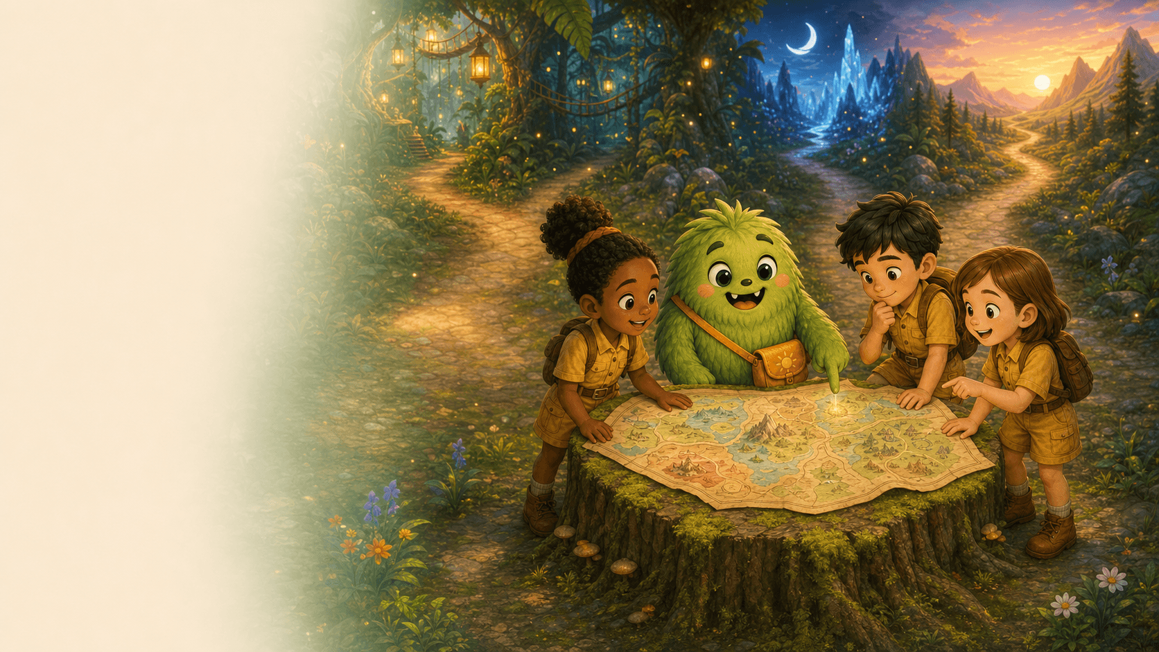 Doopee and three children choosing a route from a magical adventure map