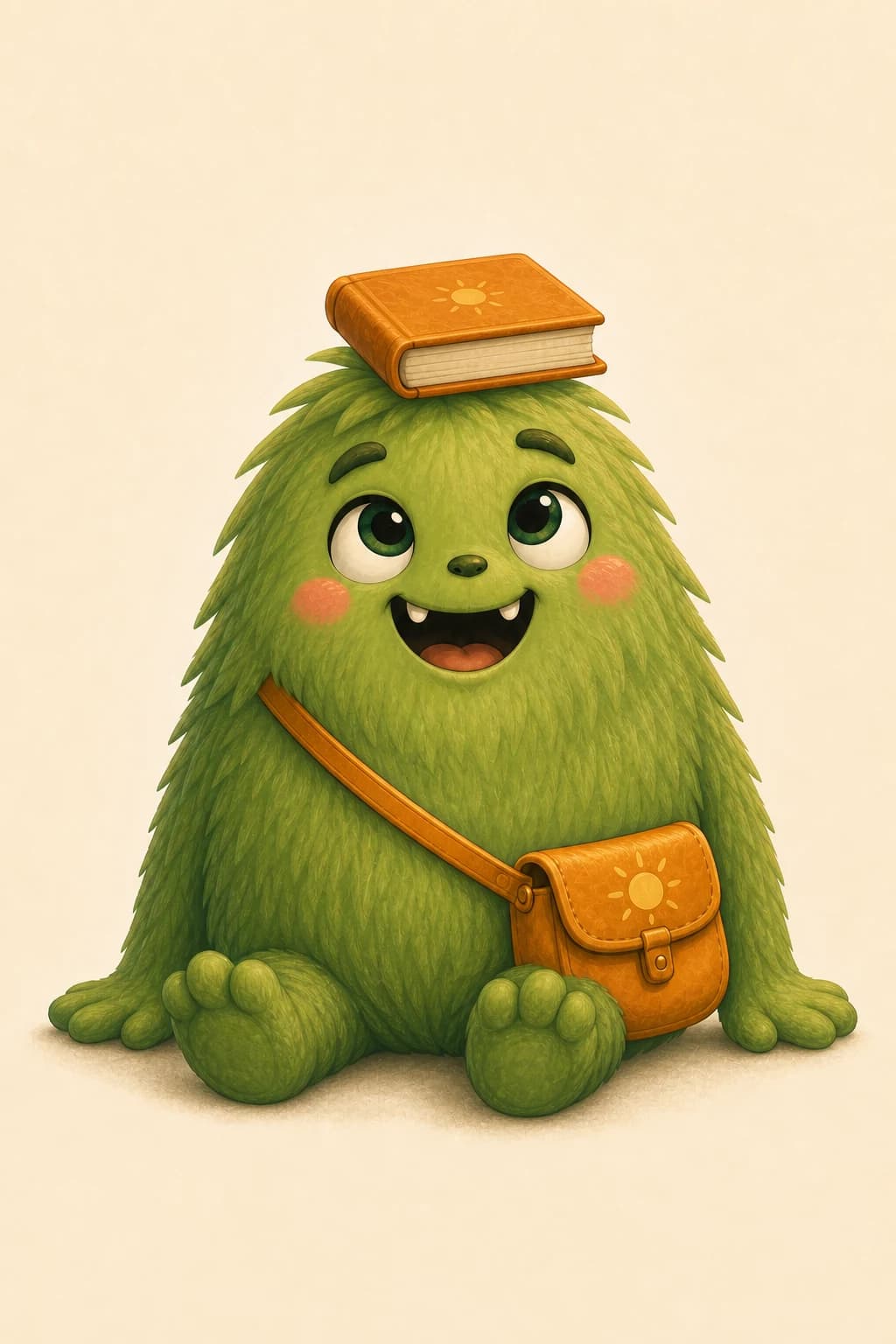 Doopee grinning with a storybook balanced on his head
