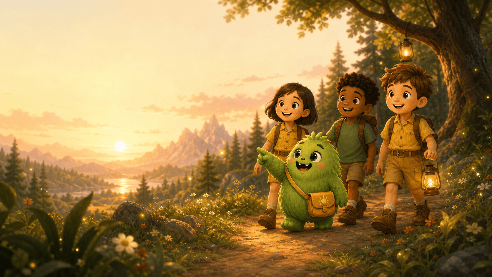 Doopee leading three children along a glowing sunset mountain trail