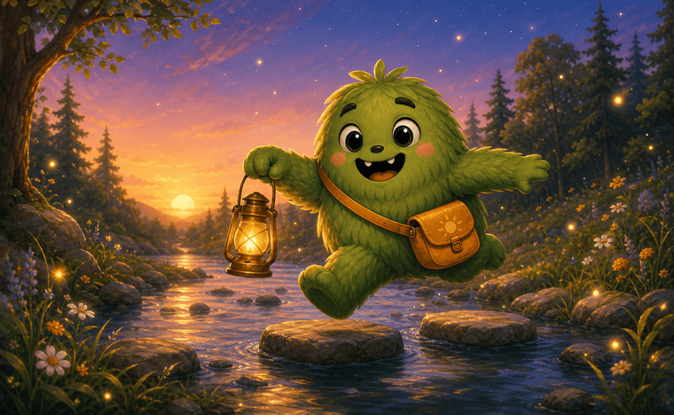 Doopee hopping across a stream at sunset with a lantern