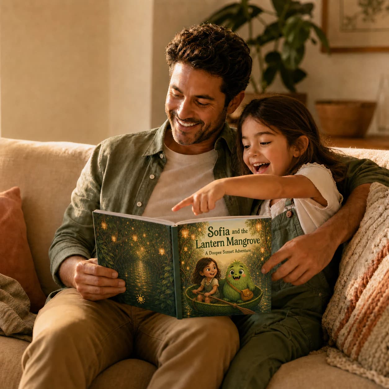 A father and daughter reading Sofia and the Lantern Mangrove, a correctly scaled square Doopee Sunset hardcover featuring the same child as its illustrated hero